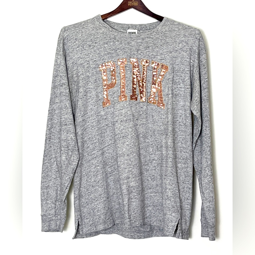 Victoria’s Secret PINK Sequined T-Shirt Women’s XS Gray Pink Bling Oversized